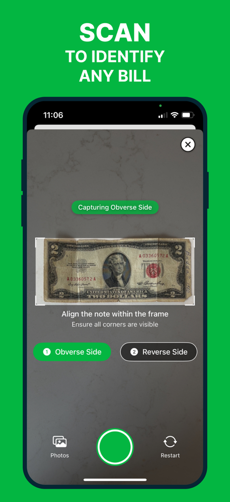 Pantalla de smartphone que muestra la interfaz de la aplicación CashScan escaneando un billete de dos dólares