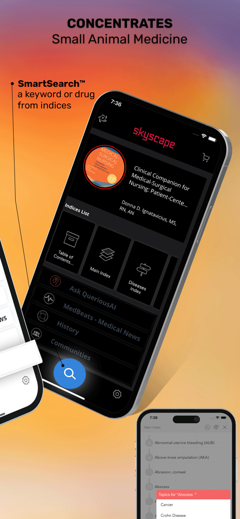 Interfaz de la aplicación Med Surg Nursing que resalta la función SmartSearch e índices clínicos para enfermedades y afecciones.