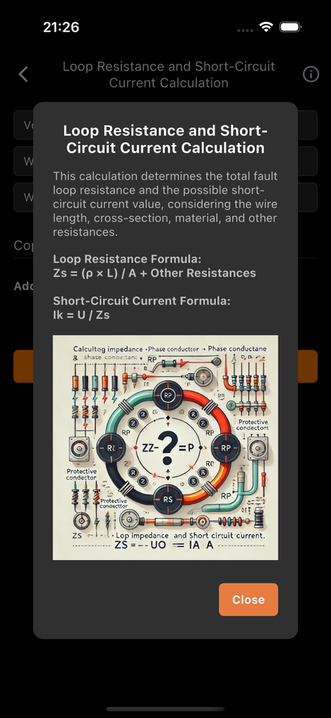 Interface showing loop resistance and short circuit current formulas and diagram