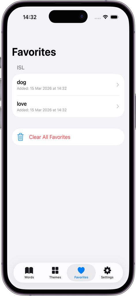 Sématos - Capture d'écran de l'écran Favoris de l'application Sematos montrant les mots de langue des signes internationale enregistrés comme chien et amour.