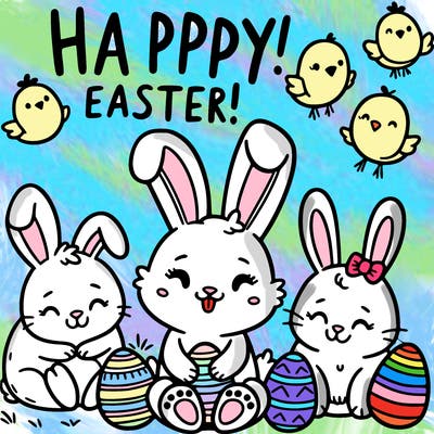 bunnies and chicks saying happy easter