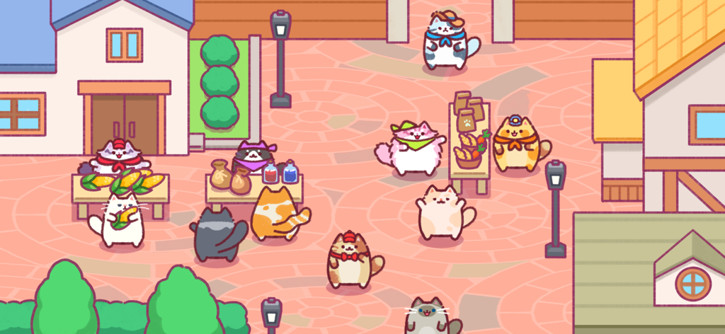 Cat Town Valley: Healing Farm - A group of cute cartoon cats interacting in a colorful town plaza with market stalls