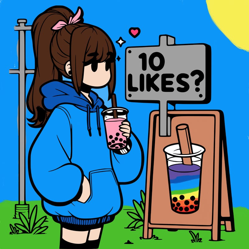 girl with oversized hoodie drinking boba and she has a high ponytail with a sign that says 10likes?