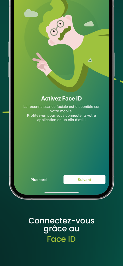 Groupama Epargne Salariale - Écran invitant les utilisateurs à activer Face ID pour une connexion biométrique sécurisée à leur compte d'épargne salariale.