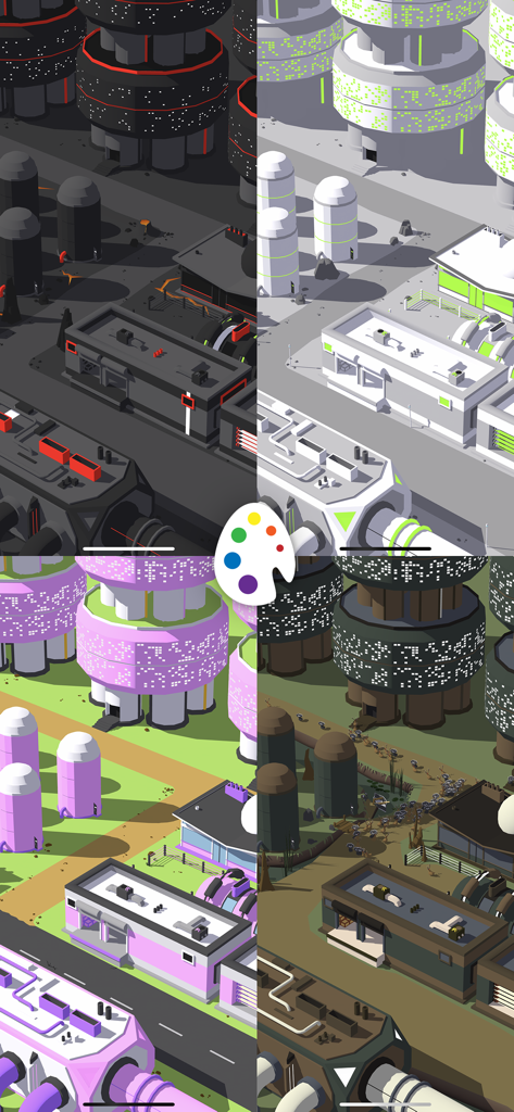 A four-way split screen showing various color themes and farm skins in the Egg Inc mobile game