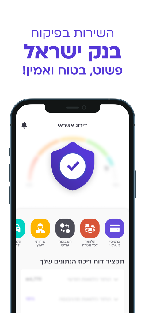 קפטן קרדיט - Captain Credit app dashboard on a smartphone displaying a credit score check and financial service icons