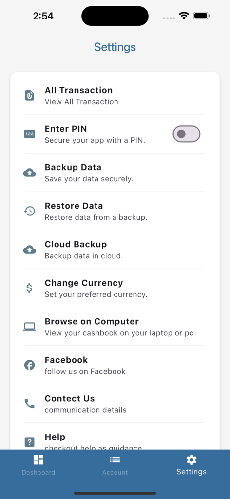 The Cash Book - Settings menu of The Cash Book app showing PIN security and data backup options