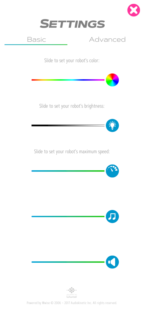 Sphero Play - Pantalla de configuración básica de la app Sphero Play que muestra controles deslizantes para el color y la velocidad del robot