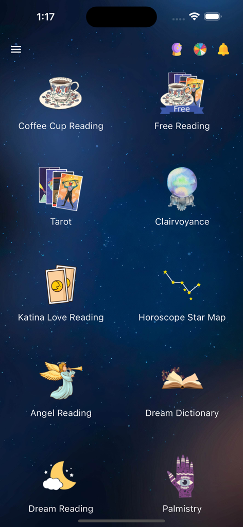 Main menu screen of the Falyolu app featuring icons for coffee cup reading, tarot cards, palmistry, and other spiritual guidance services on a starry night background.