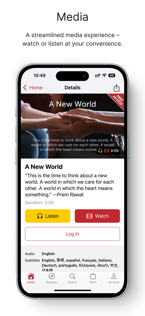 Mobile interface of TimelessToday app showing a video titled A New World with listen and watch buttons