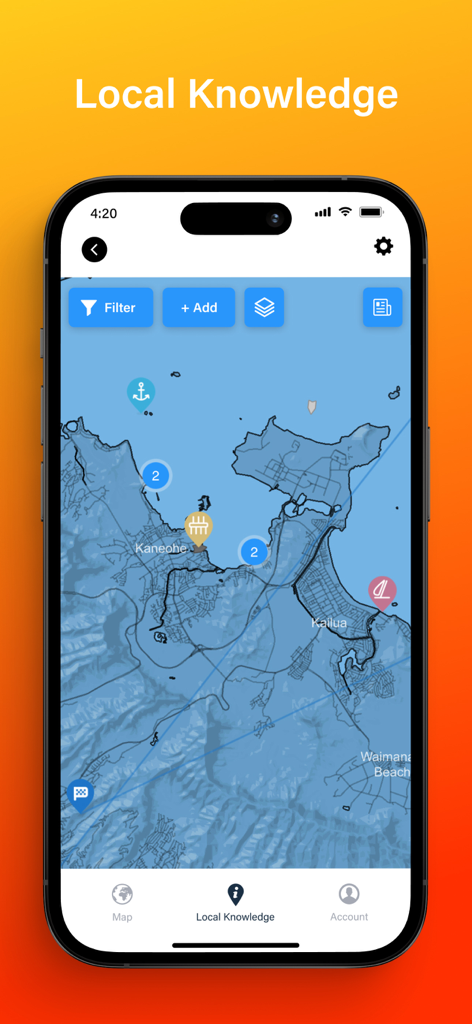 AIS Explorer - La pantalla del mapa de conocimiento local en la aplicación AIS Explorer que muestra puntos de interés marítimos y datos de navegación costera cerca de Kaneohe.