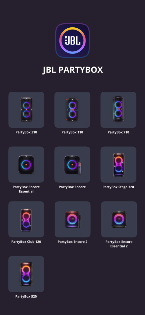 Selection screen in the JBL PartyBox app showing compatible speaker models including PartyBox 310, 110, and 710 with light ring effects.