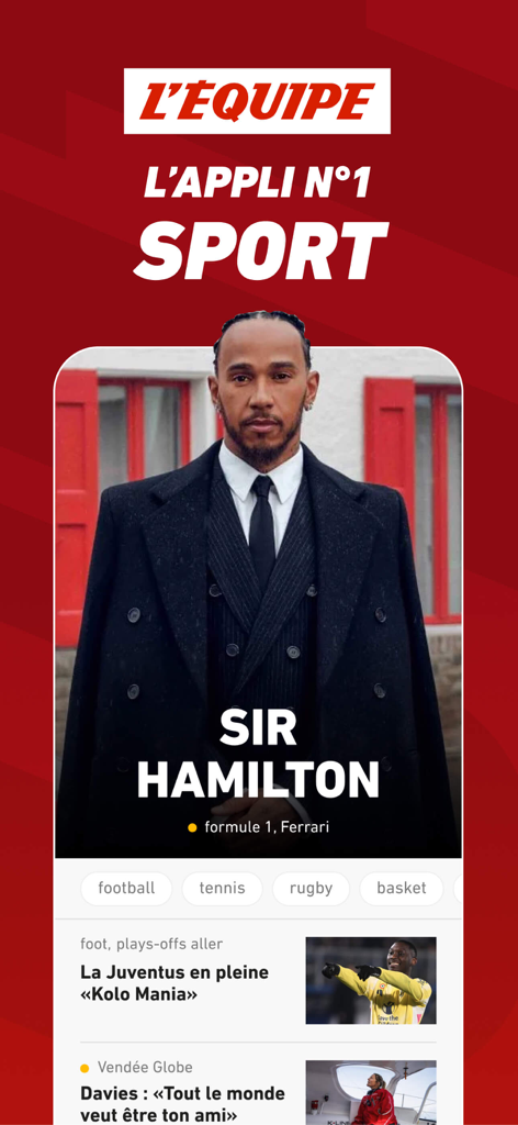 L’EQUIPE - live, sport, tv - L'Equipe mobile app interface displaying Lewis Hamilton and a feed of international sports news.
