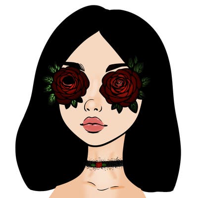 a realistic girl with roses for eyes