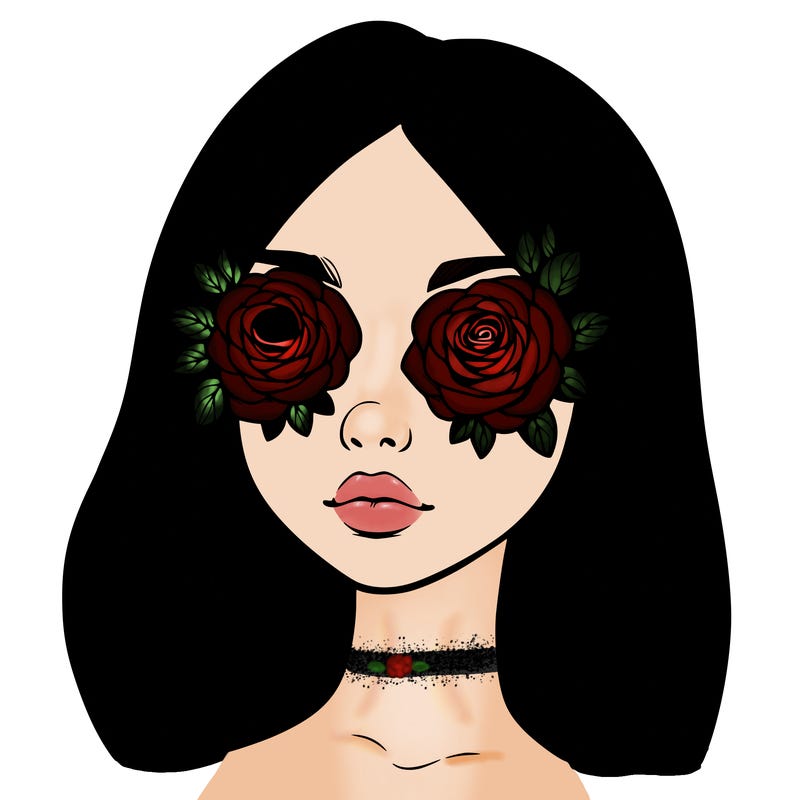 a realistic girl with roses for eyes