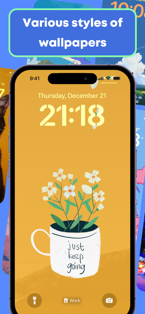 Island Pet & Island Wallpapers - iPhone lock screen displaying an aesthetic yellow wallpaper with a flower mug illustration and motivational text.