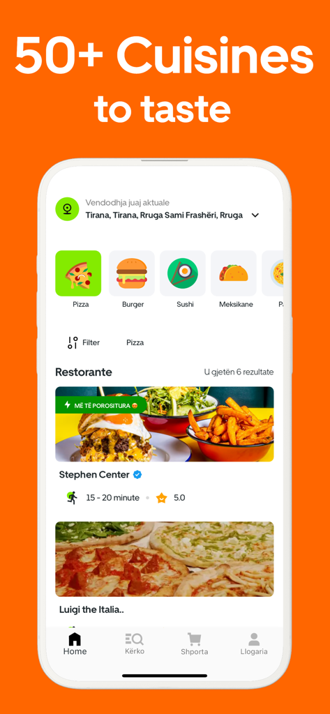 ToGo: Food Delivery - ToGo food delivery app screen showing various food categories and local restaurants in Tirana