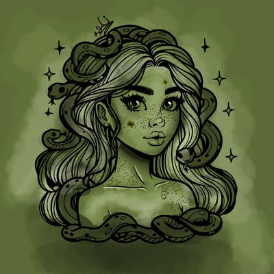 realistic girl with snakes as hair