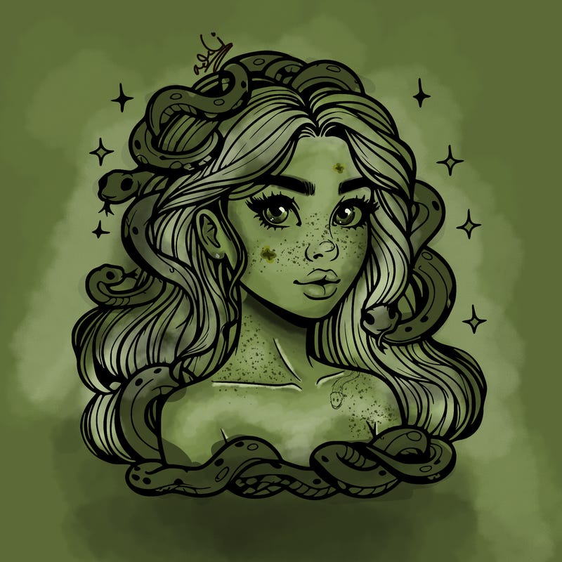 realistic girl with snakes as hair