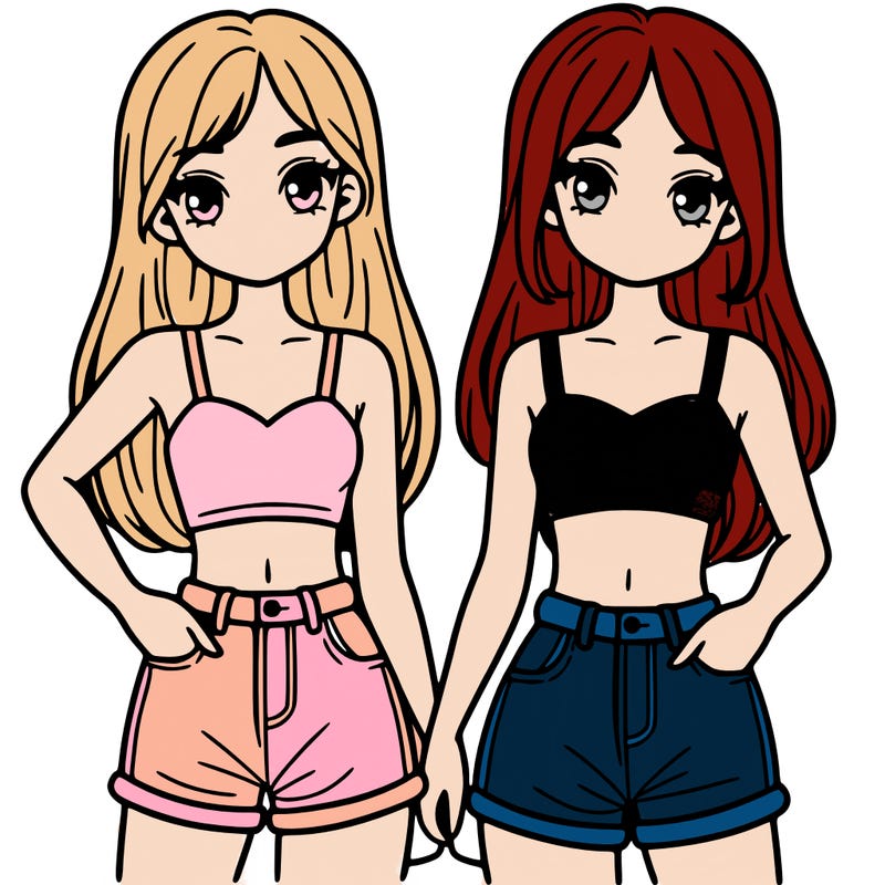 two sisters with crop tops and jean shorts and straight hair