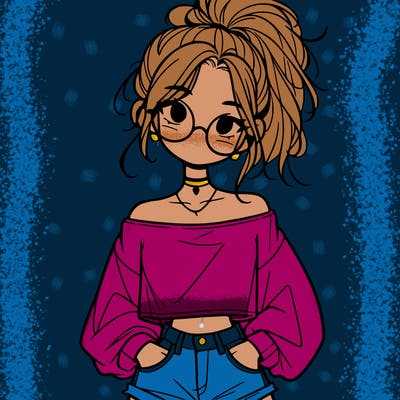 girl with a messy ponytail glasses a baggy crop top and jean shorts