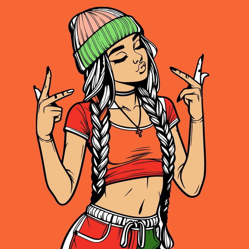realistic teenage girl with braids and a beanie and crop top doing 🫶🏼
