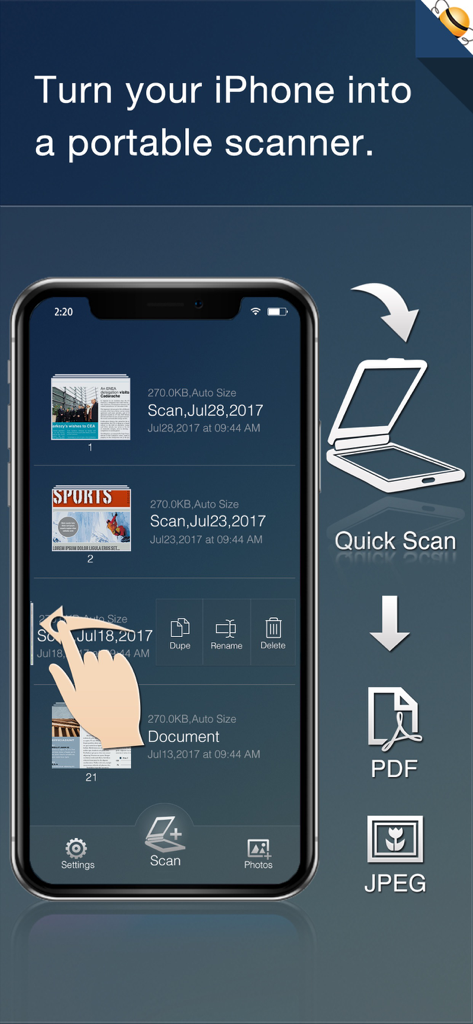 An iPhone displaying the PDF Scanner app interface with a list of scanned documents and options to export as PDF or JPEG