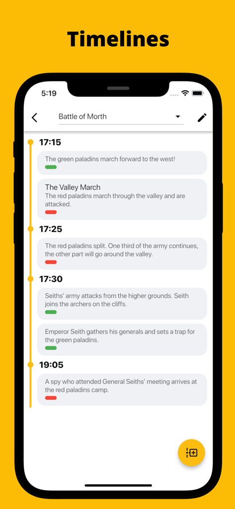Fortelling - Writer Tools - A mobile interface from the Fortelling app showing a chronological story timeline for a battle plot with timestamps and event descriptions.