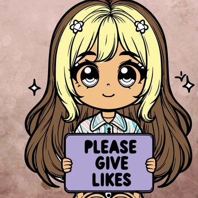 realistic cute girl holding a sign that says “please give likes”