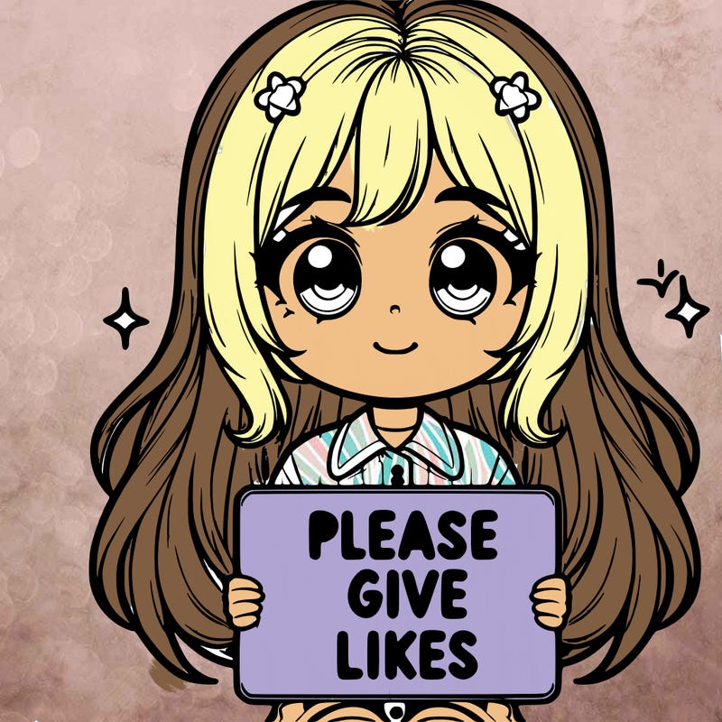 realistic cute girl holding a sign that says “please give likes”