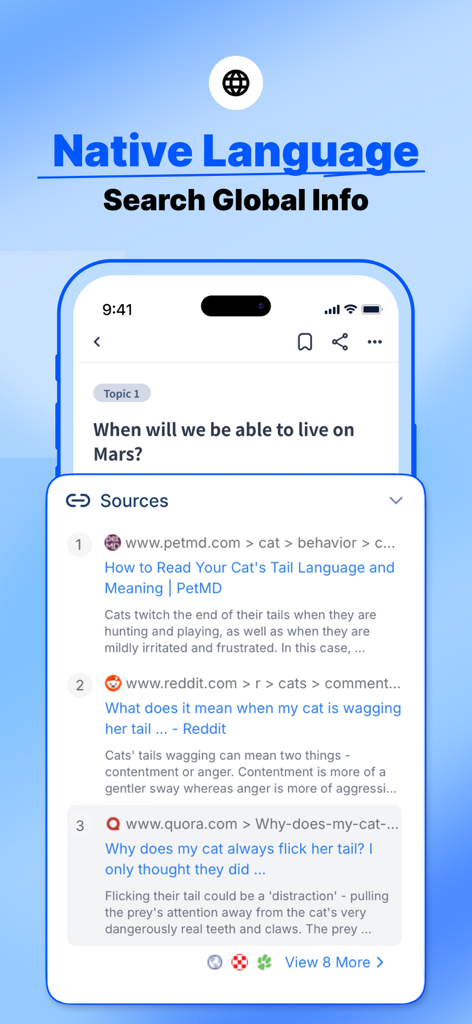 Felo app interface showing global search results and traceable sources from platforms like Reddit and Quora.