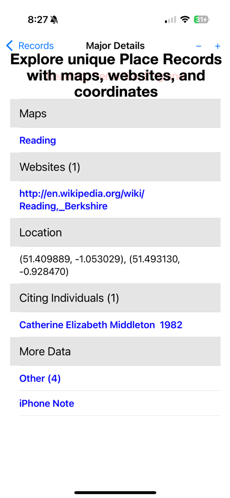 Tela do GEDitMobile mostrando registros de local com mapas e coordenadas geográficas.
