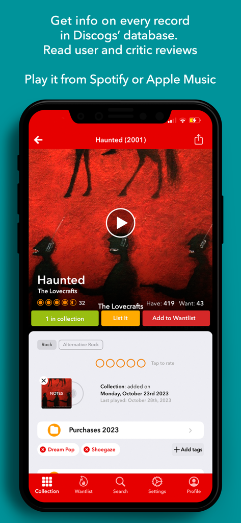 Discographic for Discogs - Interfaccia dell'app Discographic che mostra i dettagli di un album in vinile con lo stato della collezione e le opzioni del lettore musicale integrato.