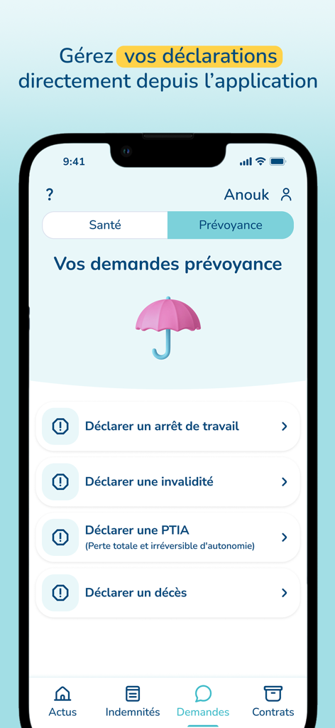 Interface mobile de l'application Welfaire montrant les options pour déposer des demandes d'assurance pour arrêt de travail et invalidité