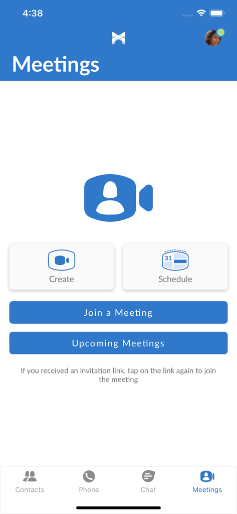 MaX UC - MaX UC app Meetings screen showing options to create schedule and join business meetings