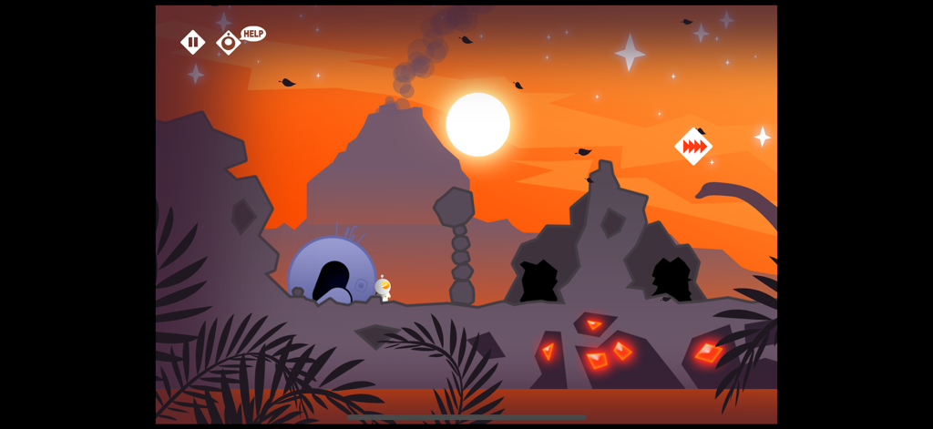 Tiny Prehistoric Adventure - Um pequeno personagem viajante do tempo em uma paisagem pré-histórica com um vulcão e cristais laranjas brilhantes sob um céu de pôr do sol