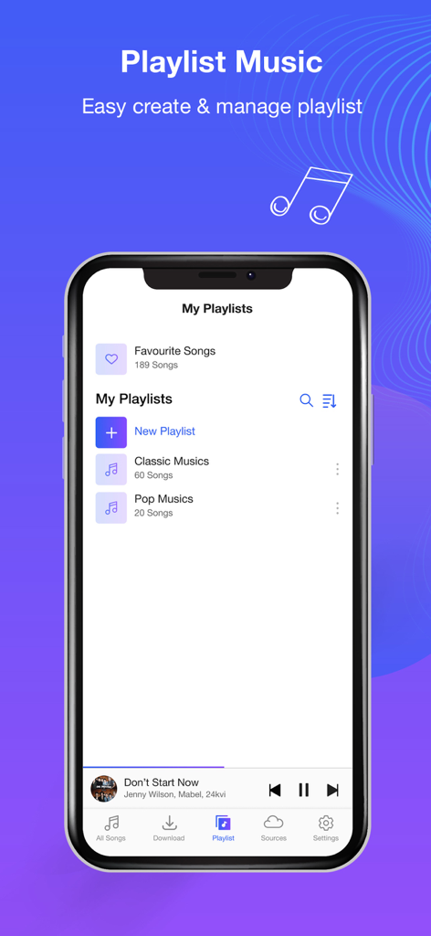 Cloud Music Player Mp3 Offline - Pantalla de gestión de listas de reproducción en la aplicación Cloud Music Player mostrando varias listas de música.