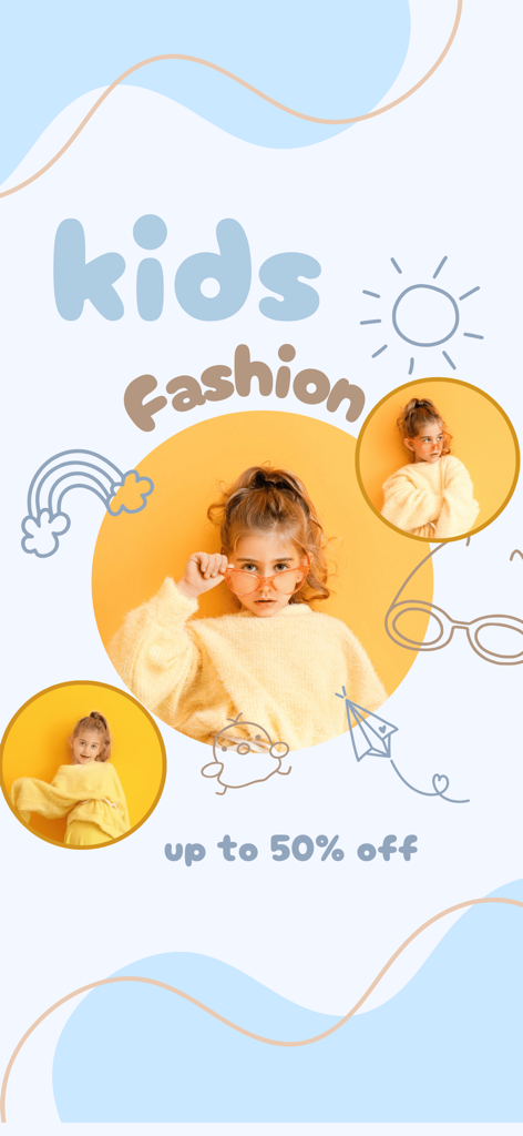 Cheap Kids Clothing Fashion - Un grafico promozionale per la moda per bambini con una bambina in un maglione giallo e occhiali arancioni con un'offerta fino al 50% di sconto.