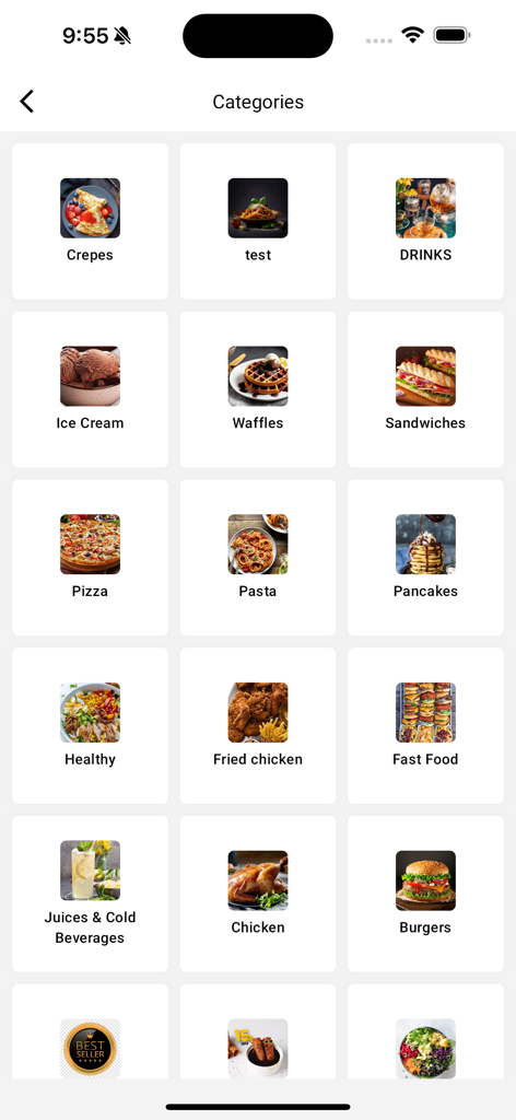 Mobile app screen displaying various food categories like pizza, burgers, and drinks for the Mango Talaat marketplace.