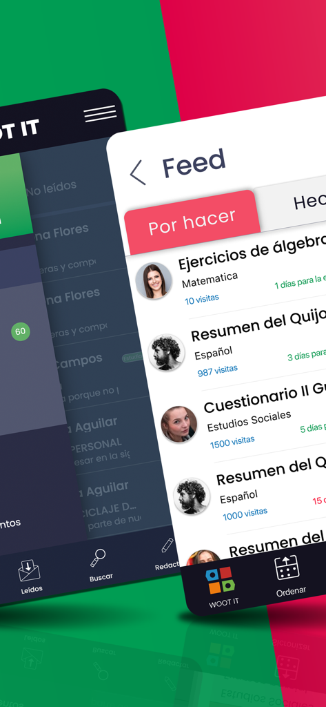 WOOT IT mobile app feed showing school assignments and academic tasks in Spanish