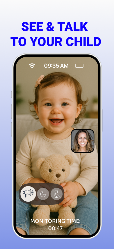 Baby sitter camera Wendy - A smartphone screen showing a video call between a mother and her baby using the Wendy baby sitter camera app