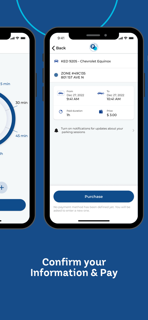 MPLS Parking - Mobile app screen showing a parking purchase summary with vehicle details and price in Minneapolis