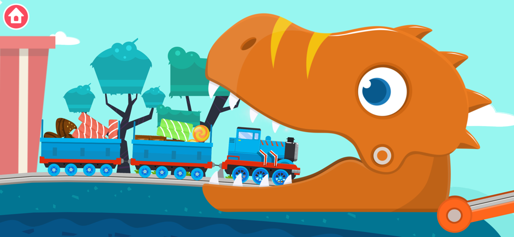 Train miniature bleu transportant des wagons de bonbons dans un tunnel en forme de bouche de dinosaure orange géante