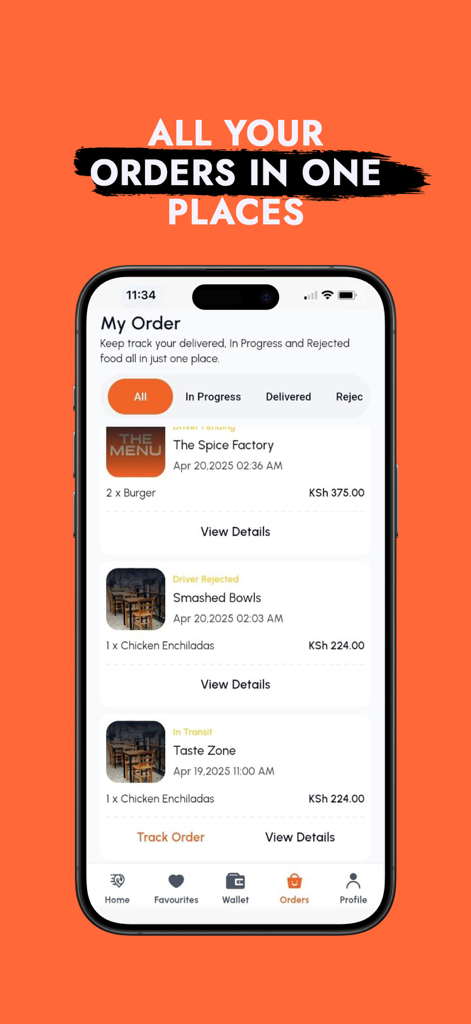 The Menu Hub - Tela de histórico de pedidos e rastreamento em tempo real do aplicativo de entrega de comida The Menu Hub no Quênia