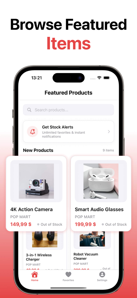 In Stock Alert - In Stock Alert mobile app interface displaying featured out of stock items like a camera and smart glasses