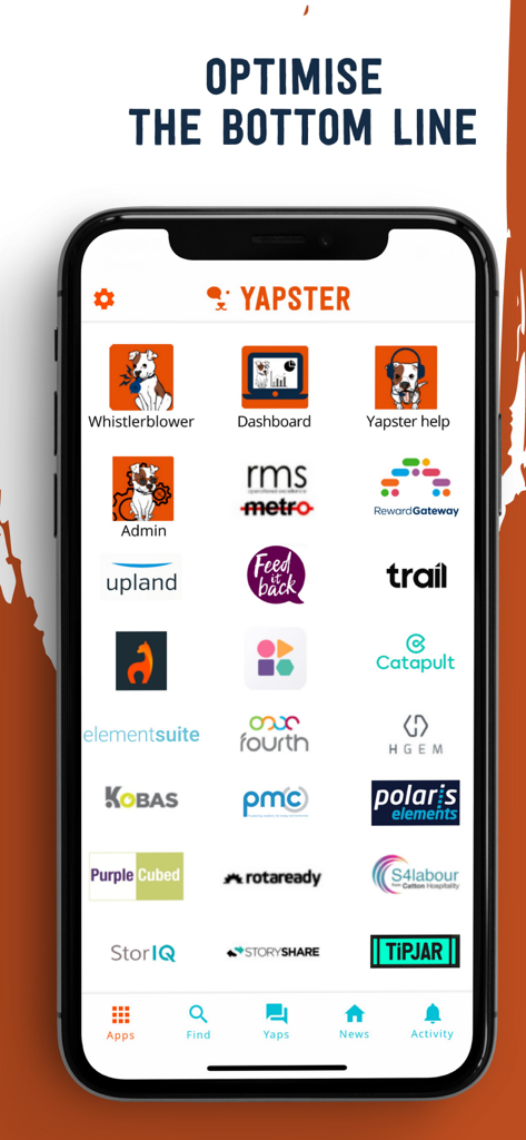 Yapster app interface showing integrated business tools for frontline employees