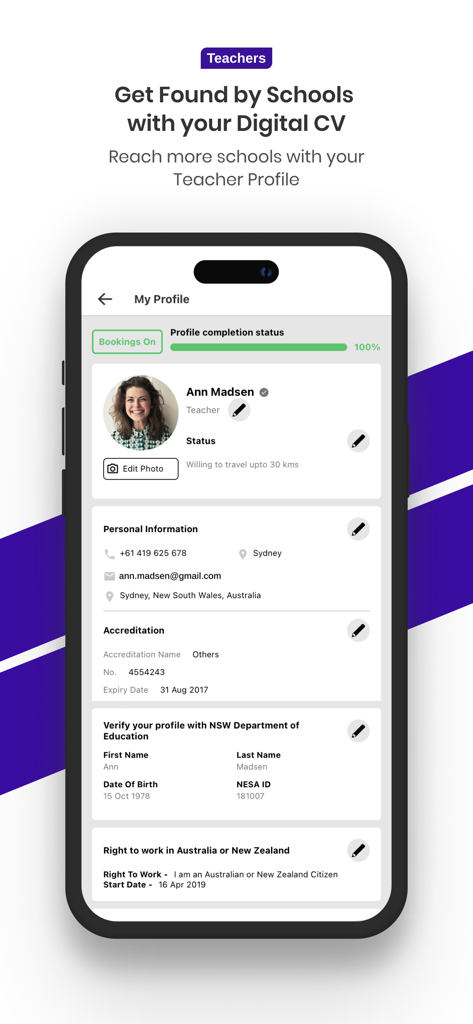 ClassCover - Ein mobiler Screenshot, der ein Lehrerprofil auf ClassCover mit persönlichen Informationen, Akkreditierung und beruflichen Qualifikationen zeigt.