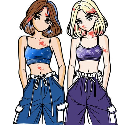 two girls with crop top with baggy pants