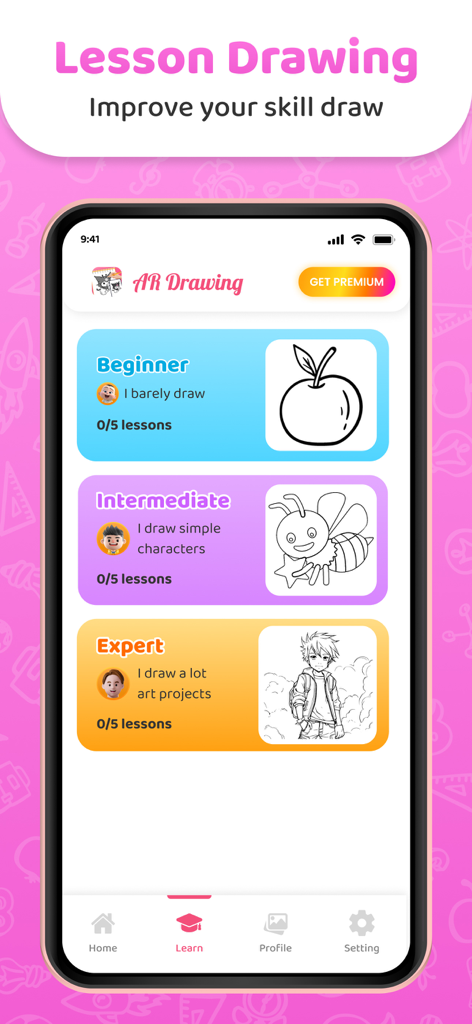 AR Drawing app interface showing beginner, intermediate, and expert drawing lessons.
