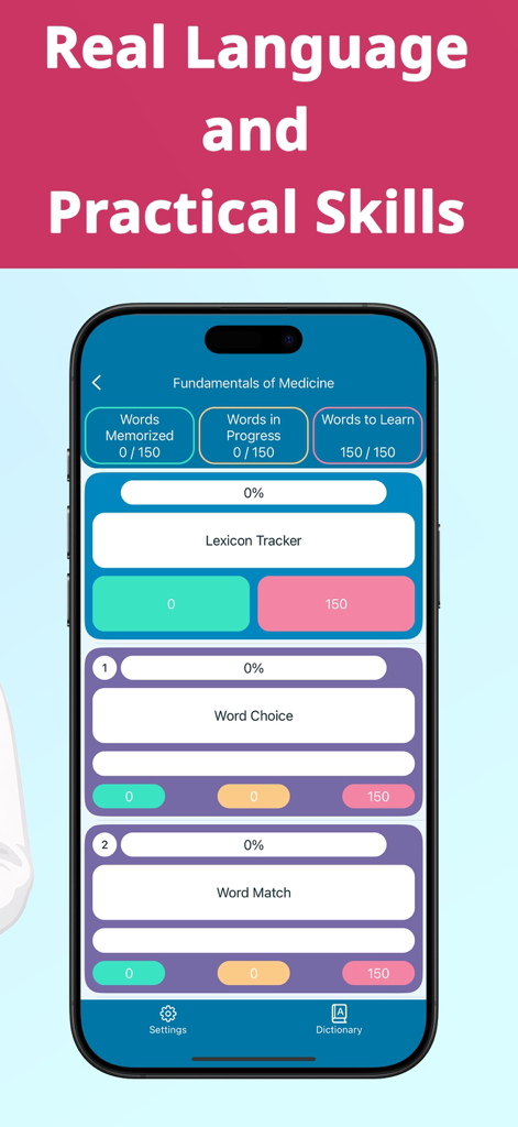 Medical English: Learn Words - Interface de l'application d'anglais médical montrant des statistiques de progression pour les bases de la terminologie médicale